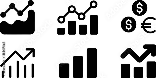 Clean graphic icons illustrating financial metrics, growth trends, and currency values, suitable for business reports, financial apps, and web design.