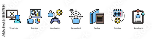 Personalized EdTech Experience web banner icon vector illustration featuring Virtual Lab, Statistics, Gamification, Personalized, Catalog, Schedule, and Enrollment.