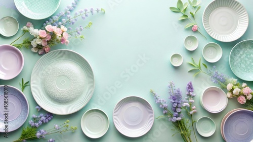 Pastel-colored ceramic tableware arranged with delicate spring blossoms and greenery on a light aqua background, creating a serene and elegant tabletop scene.