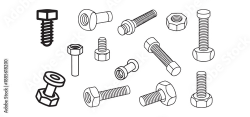 Mechanical Fasteners Hardware Line Icons, Collection of Bolt and Nut Outline Vector.
