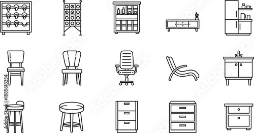 Black-and-white line art icons of diverse furniture and household items including chairs, cabinets, wine racks, refrigerator, vanity, stools, and dresser.