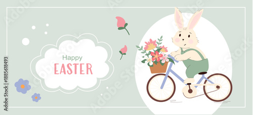 Horizontal Easter greeting card with Bunny riding a bicycle with spring flowers. Festive banner for spring holiday celebrations, kids decor or seasonal greetings.