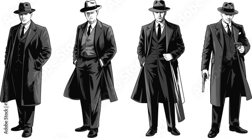 Gangster silhouettes in trench coats, fedora hats, vintage crime style, noir fashion, dramatic pose, classic attire, weapon detail, bold design
