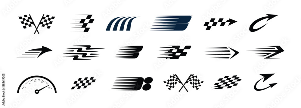 Obraz premium Collection of speed and racing icons, checkered flags, arrows, speedometer, motion blur effects, abstract sport symbols