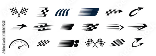 Collection of speed and racing icons, checkered flags, arrows, speedometer, motion blur effects, abstract sport symbols