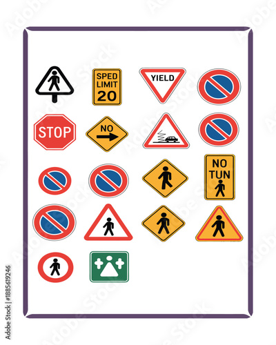 A diverse collection of various traffic signs and warning symbols including stop yield no parking pedestrian crossings