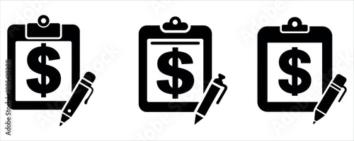 Financial agreement icon: clipboard with dollar sign and pen for business contract vector illustration.