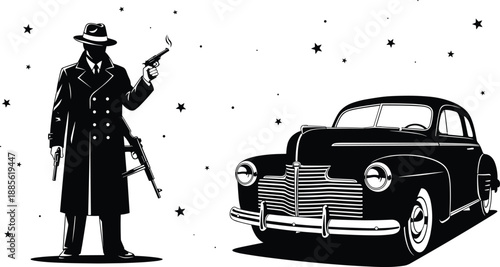 Gangster, noir, vintage, car, weapon, trench coat, fedora, pistol, submachine gun, silhouette, crime, drama, classic, retro, illustration, black, stars, action, mafia, style