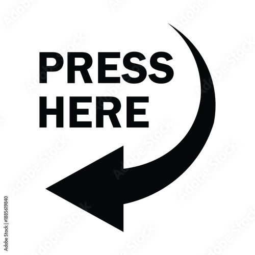 Minimalist black and white vector icon of a hand clicking above "PRESS HERE" text, framed by a circular arrow. Clean graphic for digital interfaces, calls to action, and interactive web design.