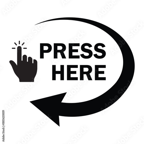 Minimalist black and white vector icon of a hand clicking above "PRESS HERE" text, framed by a circular arrow. Clean graphic for digital interfaces, calls to action, and interactive web design.