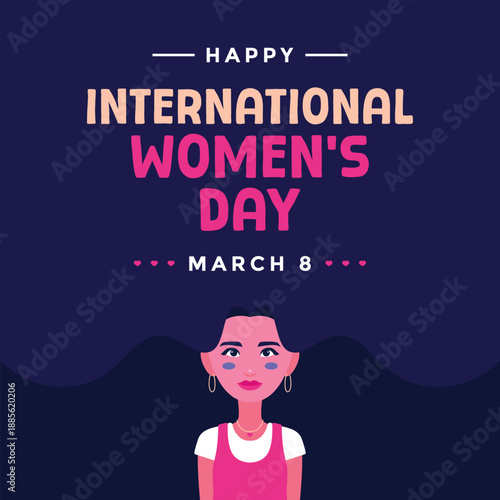 Happy International Women's Day graphic featuring a woman illustration suitable for social media posts, promotions, events, and greetings.
