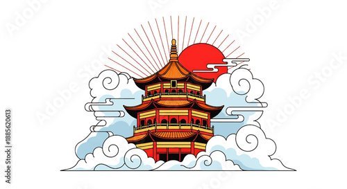 Serene View of a Red-Roofed Pagoda Amid Sun Rays and Swirling Clouds in a Peaceful Sky