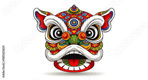 Celebrating Lunar New Year and Chinese Day with a Vibrant Lion Head Illustration, Front View, Traditional Asian Patterned Design, Colorful Composition