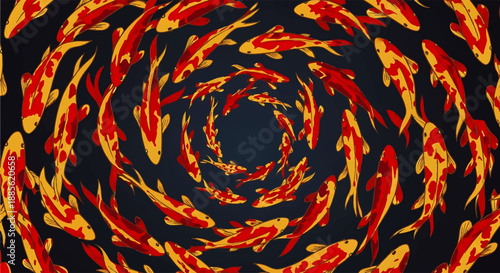 Spiral of Vibrant Koi Fish Swirling in a Lunar New Year Celebration, Chinese Day Vortex View from Above on Black Background