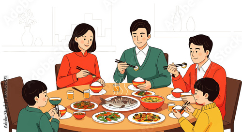 Lunar New Year Chinese Day family meal celebration in a cozy dining room illustration, warm togetherness from a front view