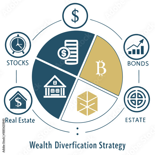 Wealth diversification strategy pie chart with stocks bonds real estate and cryptocurrency