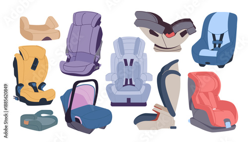 Collection of different child car seats and booster seats in assorted colors, showing safety designs and styles for vehicles, isolated on white background vector illustration
