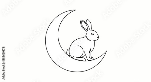 Celebrating lunar new year and chinese day with a rabbit perched on a crescent moon in a minimalist line illustration viewed from a side perspective