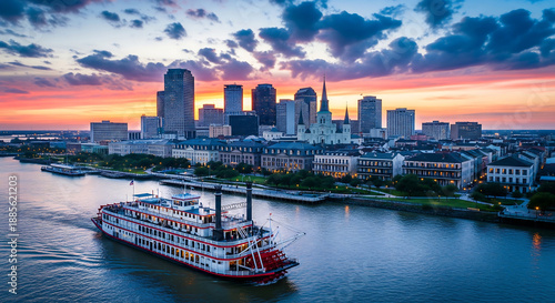New Orleans Skyline at Sunset: Iconic Cityscape with Paddle Steamer on the Mississippi River.
