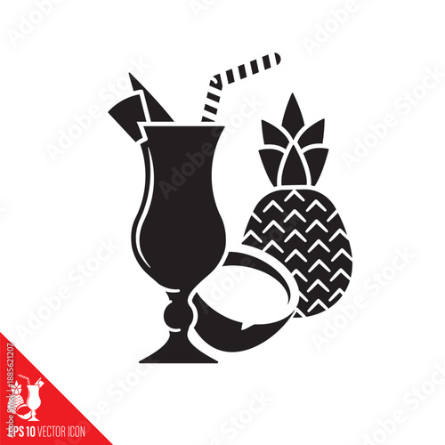 Piña Colada cocktail with coconut and pineapple fruit vector icon. Tropical cocktails symbol.