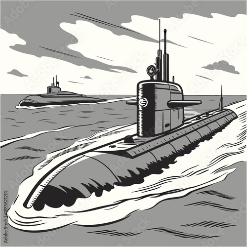 Gray submarine fleet with clean realist military submarine