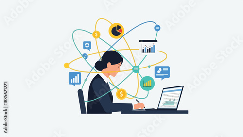 Professional businesswoman analyzing complex data and managing interconnected business processes, utilizing digital tools and strategic planning for optimal performance and growth.