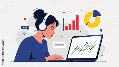 Focused young woman in headphones analyzing business data on laptop, working remotely, managing online projects and digital marketing strategies.