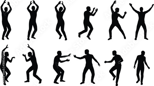 Dancing Man Silhouette Collection Showing Various Dance Moves and Dynamic Poses, Black Human Figures Vector Set Isolated on White Background