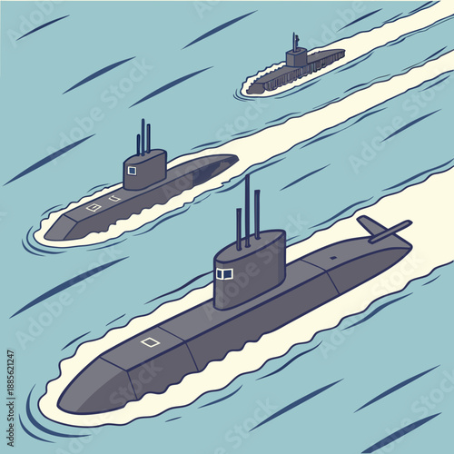 Gray submarine formation with white wake trails in blue water