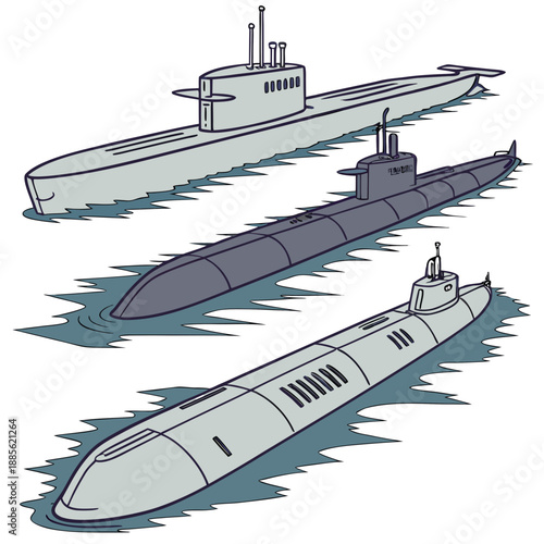 Of three submarines in water underwater vessels naval