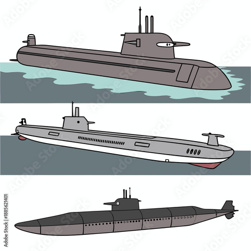 Gray naval submarines in various boats underwater