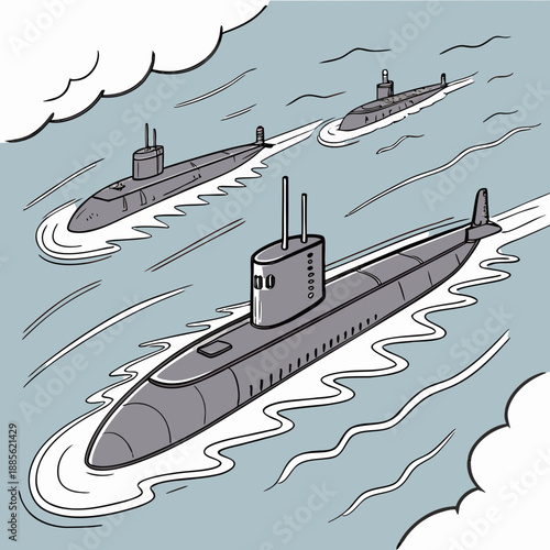 Gray submarine formation sailing through light blue ocean with white clouds