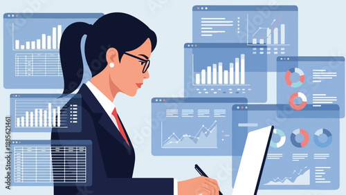 Professional businesswoman analyzing complex financial data and market trends across multiple digital screens, leveraging technology for strategic business intelligence and insights.