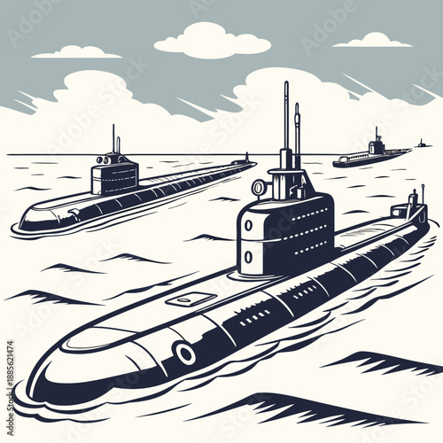 Of military submarines surfaced in ocean water