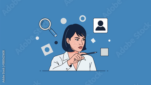 Focused businesswoman analyzing data and information, surrounded by search and user icons, symbolizing research, strategy, and problem-solving. Modern flat vector graphic.
