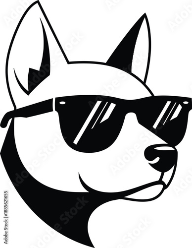 Black and white illustration of a dog face wearing sunglasses with a cool expression on a plain background.