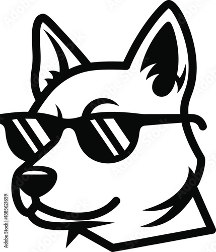 Black and white illustration of a dog face wearing sunglasses with a stylized, cartoonish aesthetic against a clean white background.
