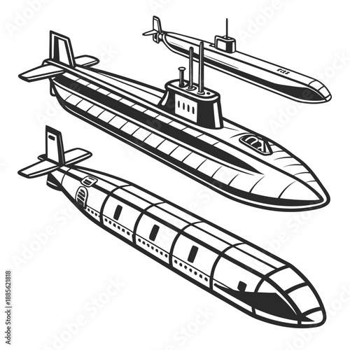 Black and white of three submarines with distinct hull