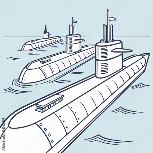 Of three identical naval submarines in light blue water