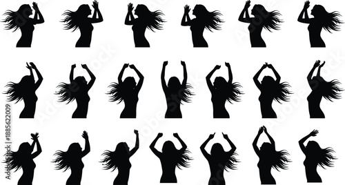 Dancing woman silhouette set showing energetic female movements, celebration poses, music rhythm expression, freedom, nightlife atmosphere, and dynamic party lifestyle concept illustration