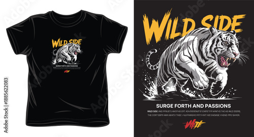 Wild side surge forth and passions, t-shirt design with powerful white tiger running through water