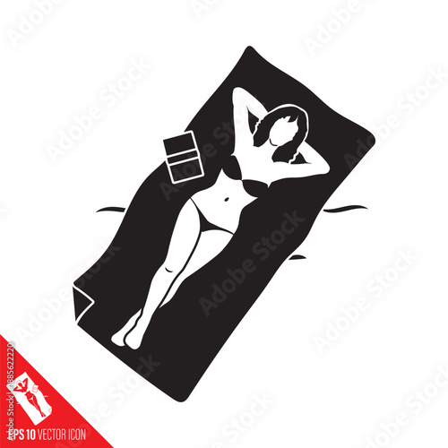 Beautiful young woman wearing bikini on beach towel vector illustration. Holiday and vacations symbol.