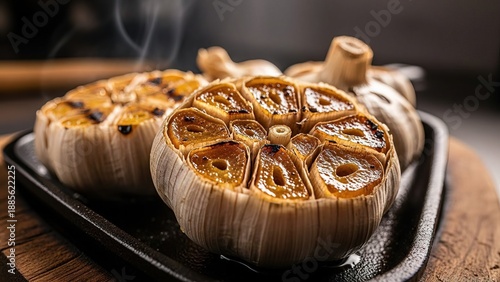 Freshly roasted garlic bulbs on rustic wooden board with smoke