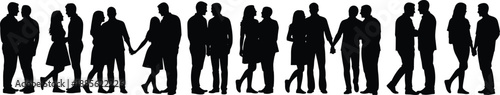 Diverse romantic couple silhouette collection, men and women holding hands, various pairs in love, black human figures on white background,