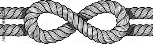 Detailed black and white rope knot illustration symbolizing connection, strength, unity, infinity loop, nautical design, teamwork concept, minimal line art style