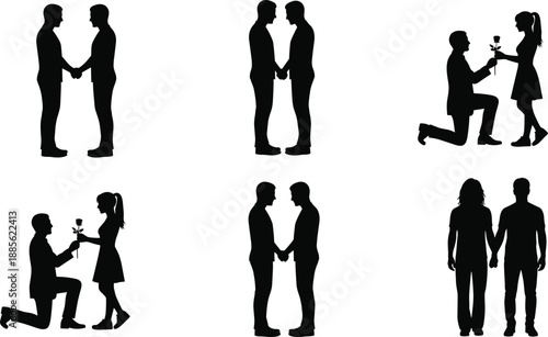 Romantic silhouette set of couples holding hands and marriage proposals featuring diverse men, women, gay partners, and engagement scenes on white.