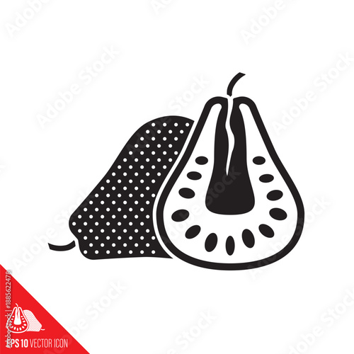 Jackfruit vector glyph icon. Tropical fruit symbol. Whole fruit and cross-section.