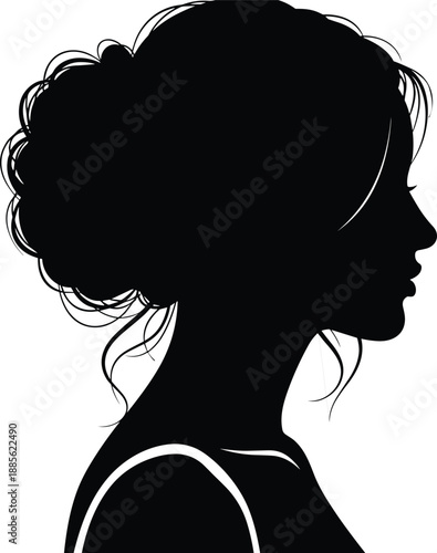 Female profile silhouette with curly hair bun, elegant woman side view portrait, feminine beauty concept isolated on white background vector illustration
