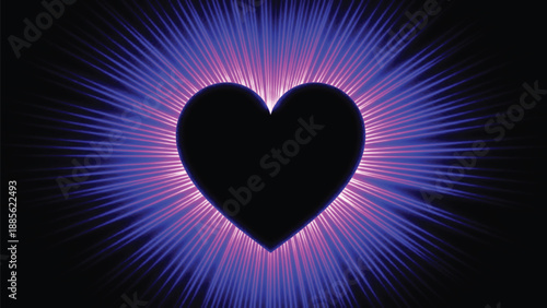 A striking digital illustration featuring a solid black heart silhouette with intense glowing purple and blue light rays bursting outward on a dark background.