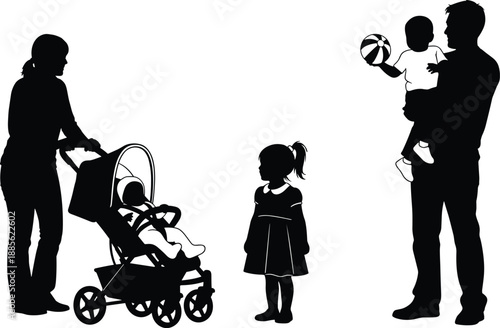 Family silhouettes with parents and children, mother pushing stroller and father holding baby, happy parenting lifestyle scene isolated white background vector